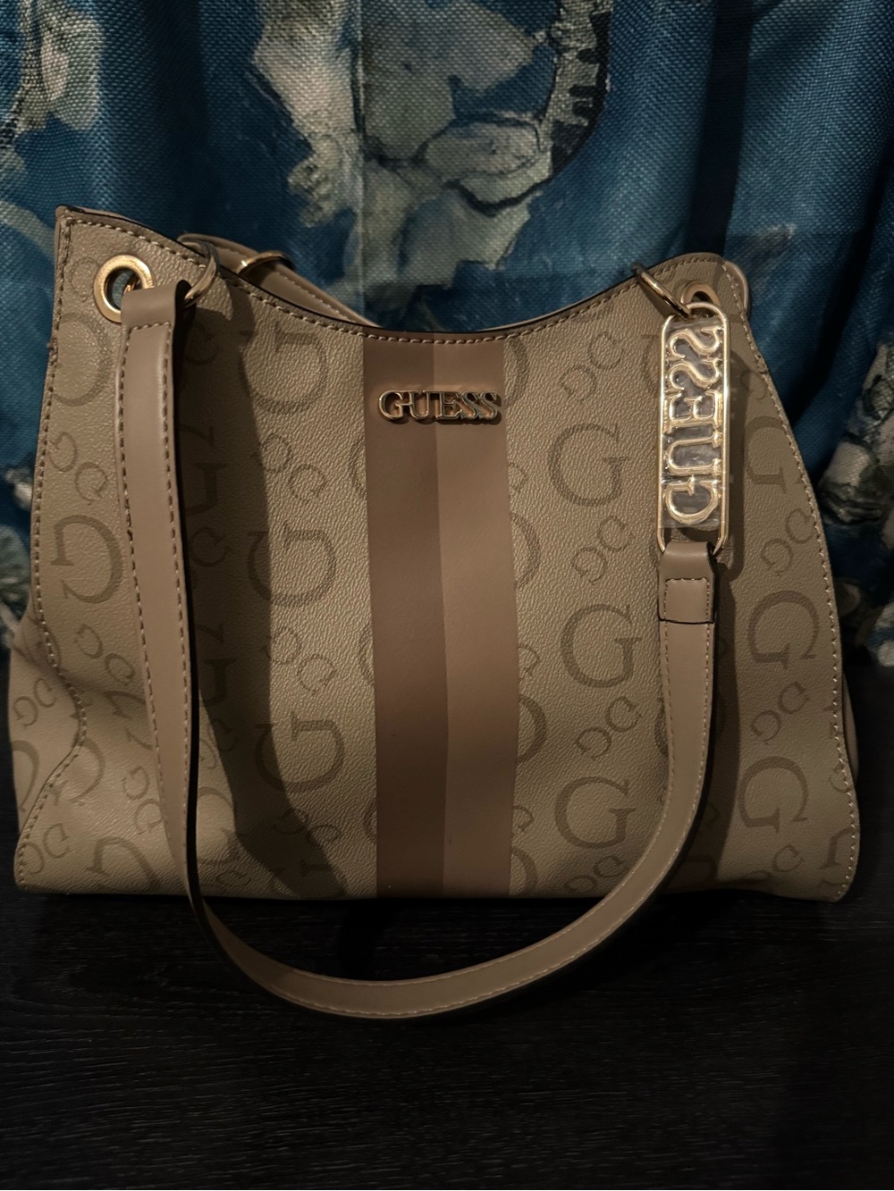 GUESS Taupe Logo Stripe Shoulder Bag with Gold Accent
